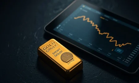Gold bullion bar with a financial chart showing a price decline ahead of the Federal Reserve meeting.