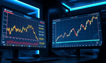 Gold and oil price charts on trading screens showing $5,000 gold and surging crude oil.