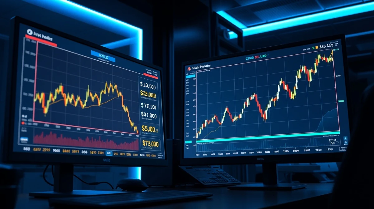 Gold and oil price charts on trading screens showing $5,000 gold and surging crude oil.