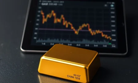 Gold bullion bar with financial chart illustrating price pressure below $5,200.