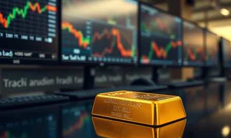 A gold bullion bar on a desk with financial market charts in the background.