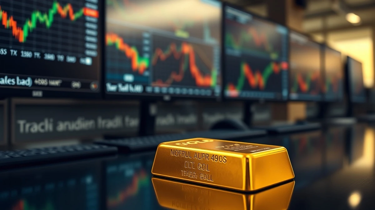 A gold bullion bar on a desk with financial market charts in the background.
