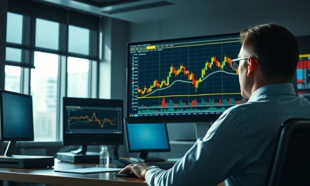 Financial analyst monitors gold price chart on screen, highlighting market risk.