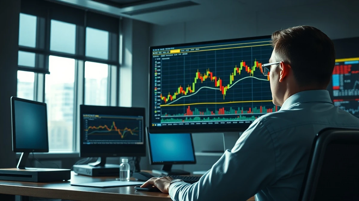 Financial analyst monitors gold price chart on screen, highlighting market risk.