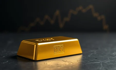 Gold bullion bar with US dollar chart in background, representing gold price recovery amid dollar weakness per OCBC analysis.