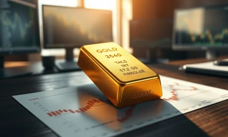 Gold price vulnerability analysis with bullion bar on financial chart showing market impact of US-Iran tensions and Federal Reserve policy.