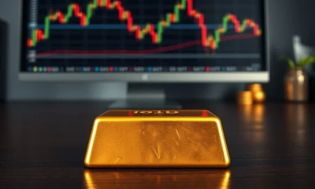Gold bullion bar with financial charts showing market vulnerability amid geopolitical tensions and Federal Reserve policy uncertainty