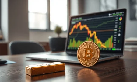 Gold bar and Bitcoin hardware wallet on a desk with market charts.