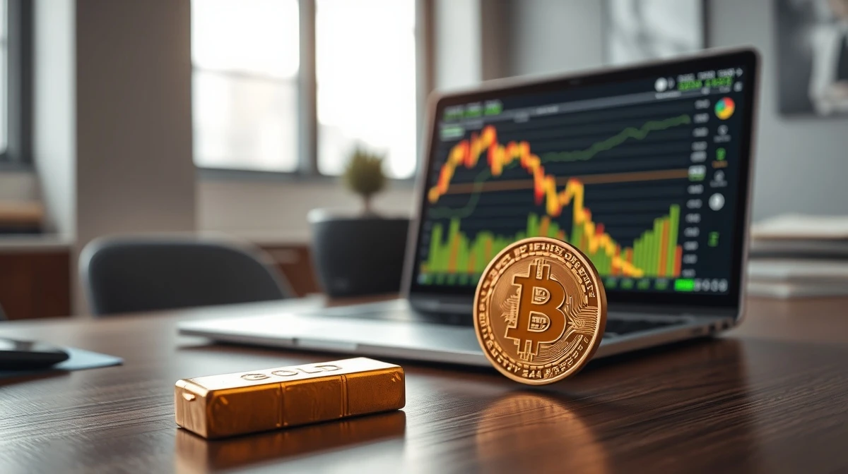 Gold bar and Bitcoin hardware wallet on a desk with market charts.