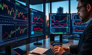 Goldman Sachs analyst on trading floor monitoring corporate loan and credit default swap data on multiple screens.