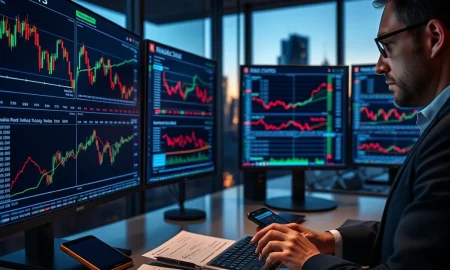 Goldman Sachs analyst on trading floor monitoring corporate loan and credit default swap data on multiple screens.