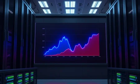 Goldman Sachs XRP ETF investment shown on a data screen with rising holdings but flat price graph in a financial data center.