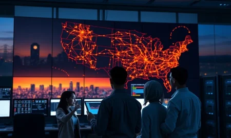 Professionals in a grid control room analyzing data on an underutilized electrical network map.