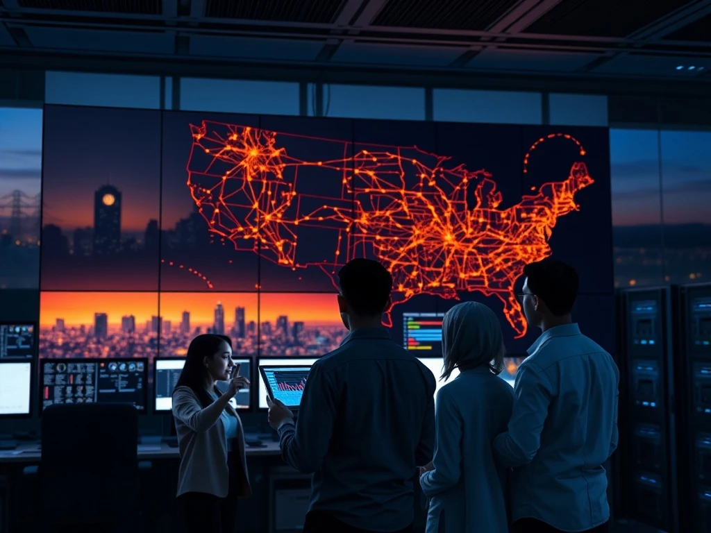Professionals in a grid control room analyzing data on an underutilized electrical network map.