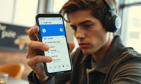 Person using Google Translate Live feature with headphones for real-time translation