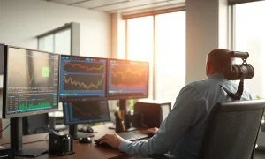 Financial trading desk with monitors showing stock charts and market data