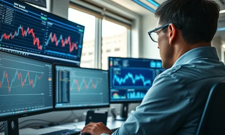 Financial analyst reviewing XRP cryptocurrency price charts on multiple monitors in office setting.