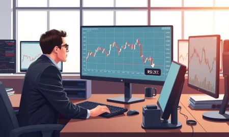 Financial analyst monitoring Greif Inc stock chart showing oversold RSI reading of 29.8 on trading desk monitors