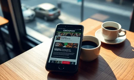 Groupon app on a smartphone showing local deals, representing the company's Q4 2025 earnings report and return to profitability.