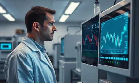 Scientist analyzing genomic data with Guardant Health stock chart showing oversold RSI indicator in biotechnology lab.