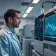 Scientist analyzing genomic data with Guardant Health stock chart showing oversold RSI indicator in biotechnology lab.