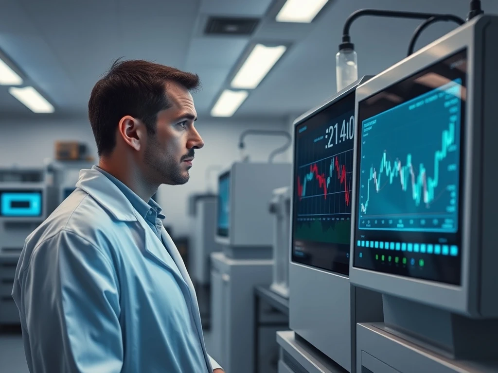 Scientist analyzing genomic data with Guardant Health stock chart showing oversold RSI indicator in biotechnology lab.
