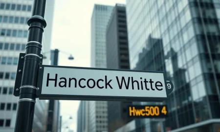 Hancock Whitney financial district sign with stock ticker showing HWC price during oversold RSI alert