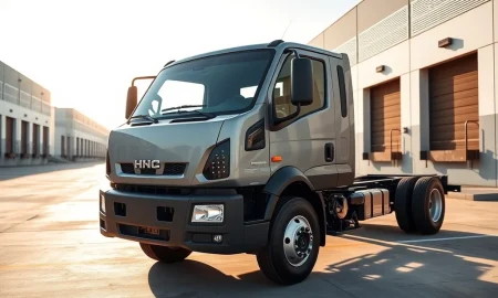 Harbinger HC Series Cab medium-duty electric work truck at industrial facility