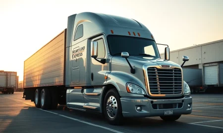 Heartland Express truck at dawn representing the company reaching its critical stock price target.
