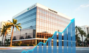 Heritage Insurance headquarters in Clearwater Florida with financial growth visualization