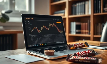 Hershey stock analysis showing HSY performance charts alongside company products on investor workspace