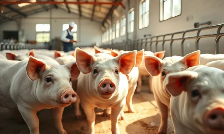 Market hogs in a modern farming facility as futures prices decline on weak export sales.