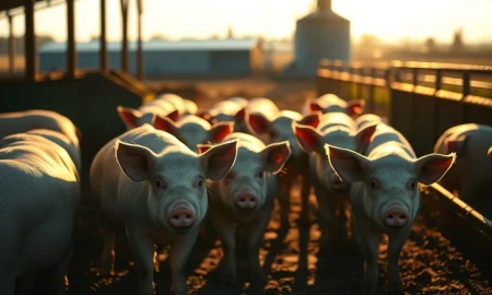 Market-weight hogs at a farm, representing the strength in lean hog futures and commodity markets.
