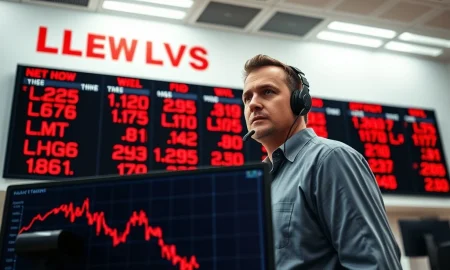 Trader monitors falling lean hog futures prices on exchange board during commodity market sell-off.