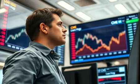 Commodities trader analyzes rising lean hog futures data on screen following USDA report.