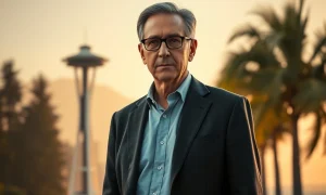 Former Starbucks CEO Howard Schultz in a portrait symbolizing his relocation from Washington state to Florida.