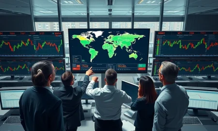 HSBC energy analysts monitor real-time oil price charts and geopolitical risk map on trading floor.