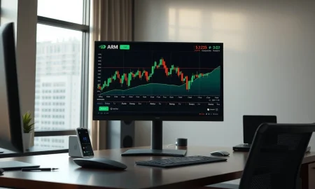 A stock chart for Arm Holdings on a financial trading desk monitor.
