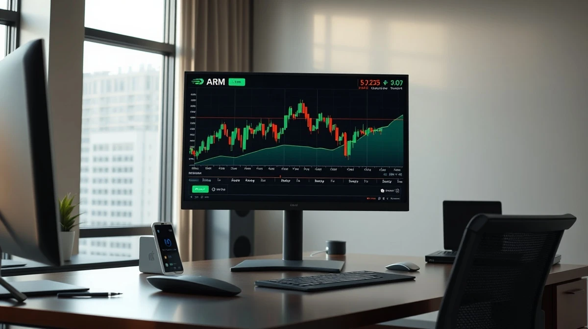A stock chart for Arm Holdings on a financial trading desk monitor.