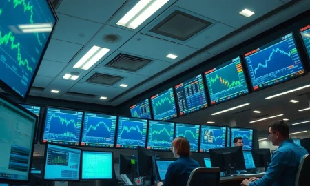 Financial trading floor with monitors showing BP stock data after HSBC rating upgrade.