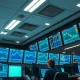 Financial trading floor with monitors showing BP stock data after HSBC rating upgrade.