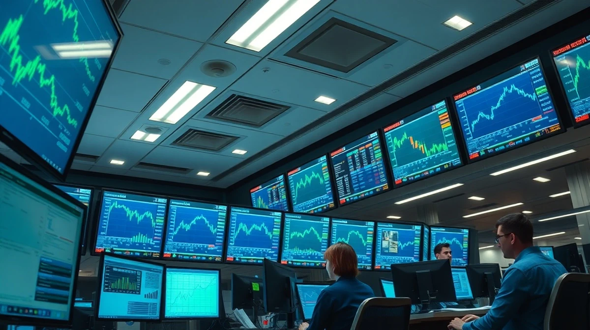 Financial trading floor with monitors showing BP stock data after HSBC rating upgrade.