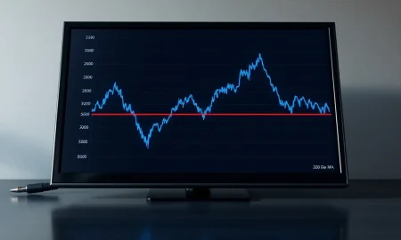 Hub Group stock chart showing price crossing below the critical 200-day moving average technical indicator.
