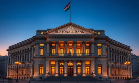 Hungarian National Bank headquarters in Budapest where dovish monetary policy decisions impact the HUF forint exchange rate.
