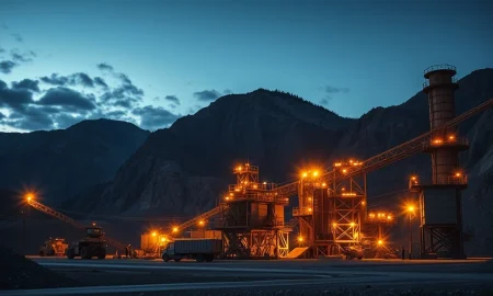 Industrial gold mining operation at dusk, representing the metals and mining sector.