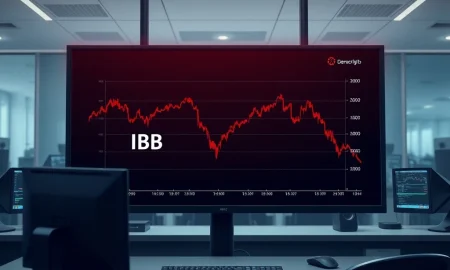 Breaking news on iShares Biotechnology ETF (IBB) showing significant outflow on a financial trading monitor.