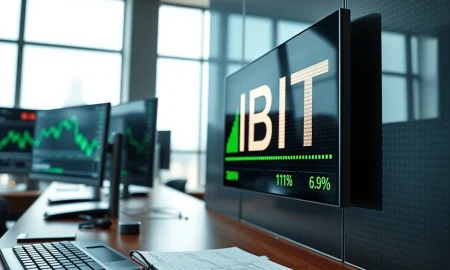 IBIT ETF ticker display showing significant weekly inflow data on a modern trading desk