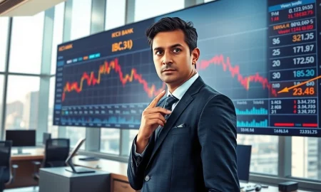 Financial analyst reviewing ICICI Bank stock chart showing oversold technical indicators in Mumbai trading environment