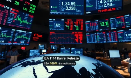 Trading floor monitors show market reaction to the historic IEA oil reserve release announcement on March 11, 2026.