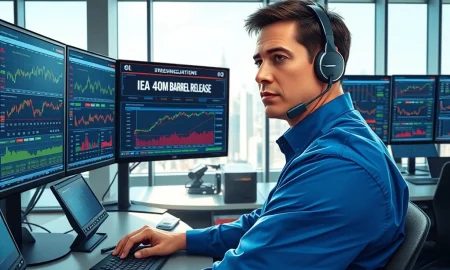 Trader monitors stock market and IEA oil reserve release news on financial displays during volatile trading session.